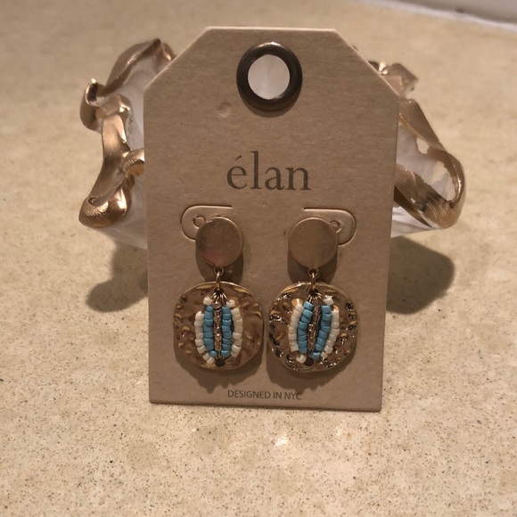 Elan Jewelry - Elan Earrings- Dangle - Goldtone with Turquoise & White Beads-